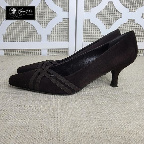 Stuart Weitzman Women's Brown Suede Criss Cross Toe Strap Kitten Heels - Picture 5 of 14